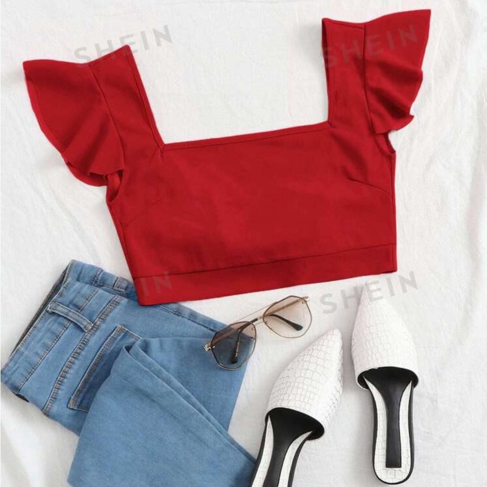 SHEIN Essnce Ruffle Armhole Tie Back Crop Top